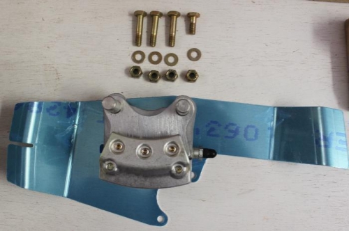 Rest of parts to mount brake. Made 3 13/32 spacers from provided tube to push blue plate away fr disc.