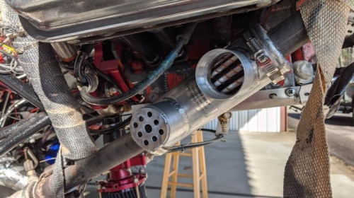 New heat muff on #4 exhaust. Restrictor visible at left.