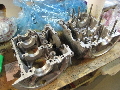 Engine case halves, opened for cleaning.