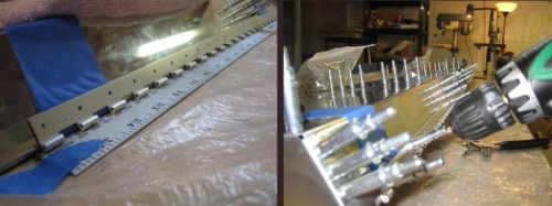Double sided tape holding hinge in place; pilot drilling the hinges into the elevators