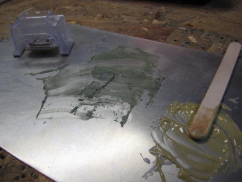 Click Bond installation device, left. Cured adhesive, center. Wet adhesive, right.