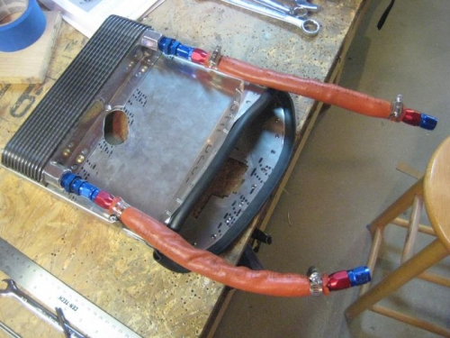 Oil cooler hoses installed on the bench.