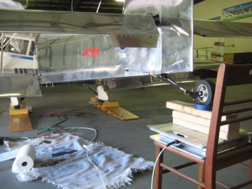 Tail wheel raised up to level the fuselage (2x4s were zero'd out from the scales)