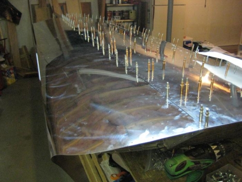 The leading edge skin drilled and cleco'd along the top spar cap.