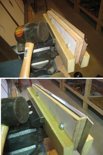 Form block with W06 part attached. Before and after photos of bend.