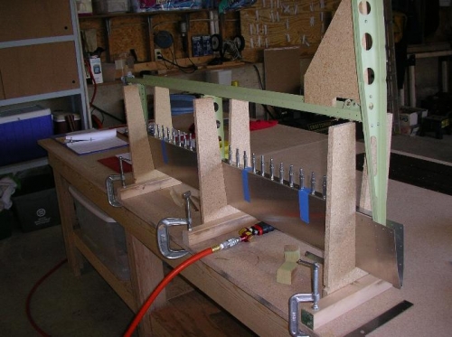 Set-up and drilled rudder trailling edge in jig