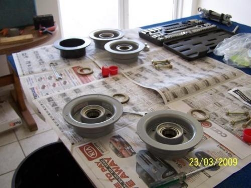 Wheels disassembled to re-pack wheel bearings.
