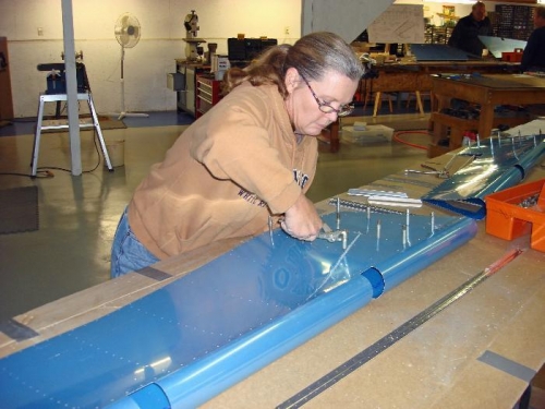 Beth clecoing stiffeners inside of right elevator skin