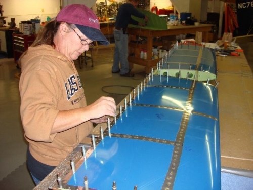 Beth setting rivets on Rear Spar