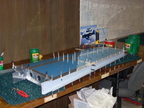 Left half of the Horizontal stabilizer (bottom side up) clecoed together for drilling.