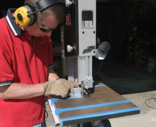 Using Band Saw to Cut Flap Drive Bracket Component from Aluminum Angle