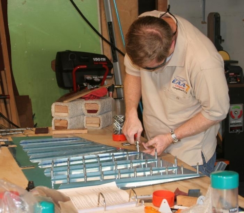 Clecoing R-915 Stiffeners to RH Rudder Skin