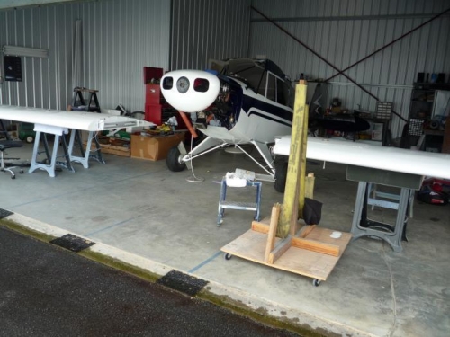 Wings on the saw horses and ready for prep.