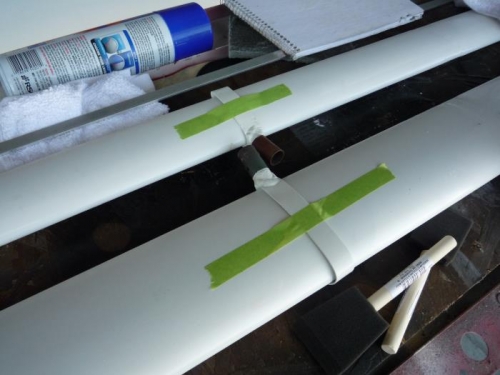 Cabane strut cuffs in place and taped so they won't move around and scratch the strut.