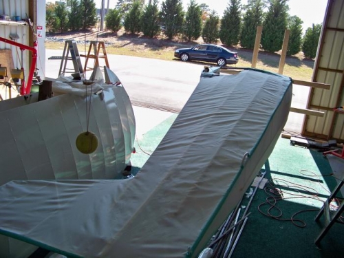 Right side fabric trimmed and initial gluing done.