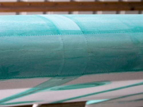 Close up of leading edge tape showing a rib tape/leading edge tape intersection.