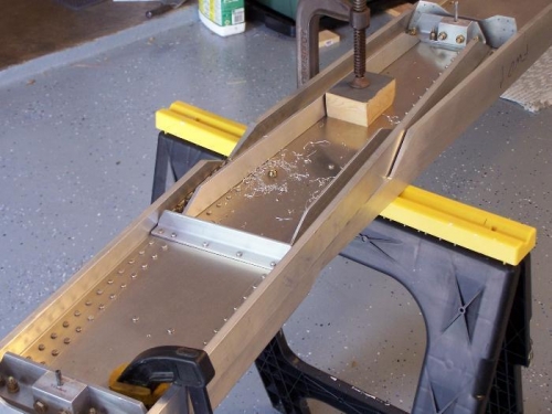 Spars clamped together; first alignment hole bolted