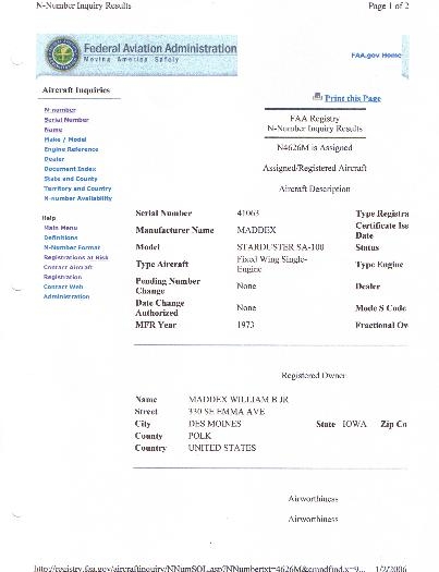 Previous Owner's FAA Registration