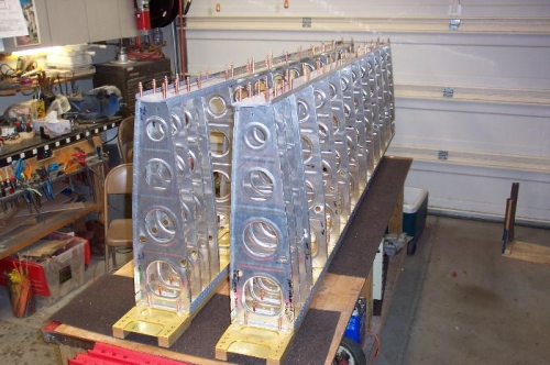 Spars and ribs cleco'd together.